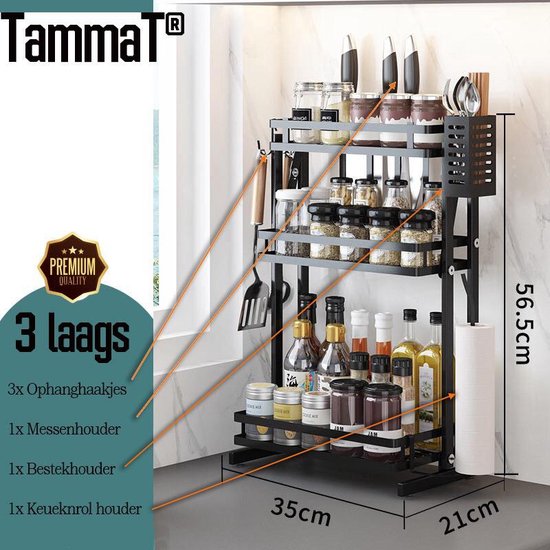 TammaT - Kruidenrek - Kruidenrek Staand - Inklapbare Keukenrek - 3-laags 35x21x56,5CM - Keuken Organizer - Aanrecht Organizer - Keuken Opslag - Roestvrij Staal - Opbergrek - Keuken organizers - Roestvrij en krasvrij
