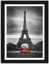 Foto in frame , Rode auto voor de Eiffeltoren , 3 maten , Rood zwart wit , Premium print