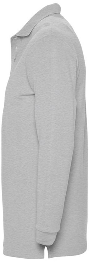 Zijkant van een lichtgrijs, langarmig poloshirt van piqué katoen.