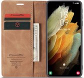 Retro Wallet Slim Case - Telefoonhoesje - Portemonnee Hoesje voor Samsung Galaxy S21 Ultra - Lichtbruin