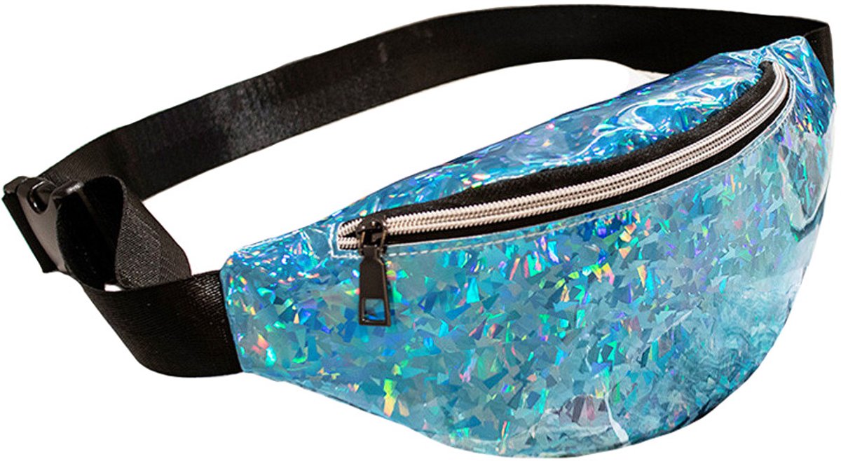 KIMU® Heuptasje Blauw Holografisch Iridescent Glitter - Heuptas Klein Fanny Pack Pvc Blauwe Tas Regenboog Tasje Glitter Metallic Festival