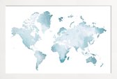JUNIQE - Poster met houten lijst World Map Watercolour -13x18 /Blauw &