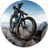 Forex Wandcirkel - Mountainbiker op Rots - 90x90cm Foto op Wandcirkel (met ophangsysteem)