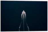Dibond - Bovenaanzicht van Kleine Boot op Zee - 60x40cm Foto op Aluminium (Wanddecoratie van metaal)