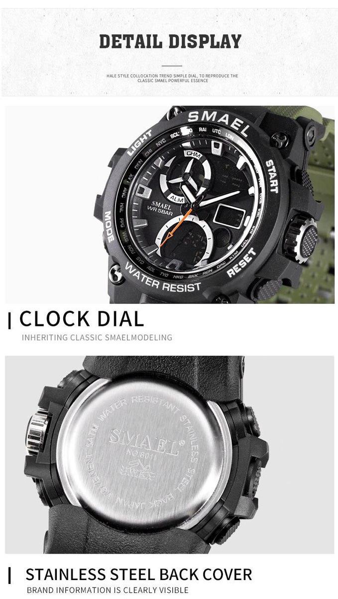 Heren Horloge Zwart met Groene rubber band | WR 5BAR | Smael | Waterdicht |Glow in dark | Mud Master | Leger | Army | Grof | Licht | Rubberen band | Timer | Eyecatcher | Master| Shock | Vaderdag Cadeau | Vaderdag | kado|