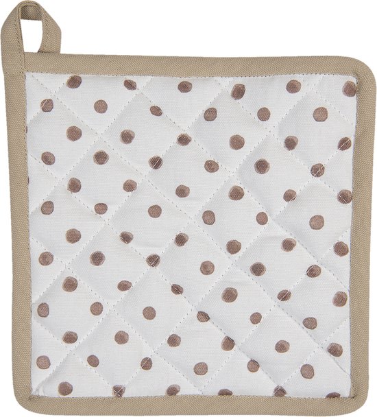 Manique blanche matelassée avec imprimé de pois marron. Passepoil beige.