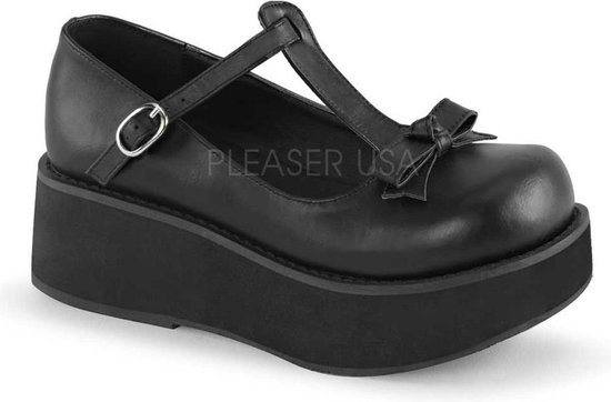 Sprite-03 shoe with T-strap, buckle and bow detail matt black - (EU = US - Demonia