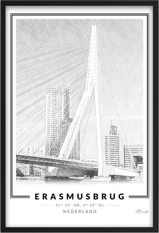 Poster Erasmusbrug Rotterdam - A2 - 42 x 59,4 cm - Inclusief lijst (Zwart Aluminium)