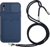 Sliding Camera Cover Design TPU-beschermhoes met kaartsleuf en nekkoord voor iPhone XR (saffierblauw)