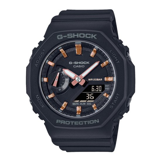 Zwarte G-Shock horloge met koperkleurige details.