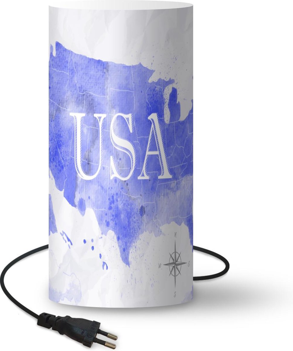 Lamp - Nachtlampje - Tafellamp slaapkamer - Verenigde Staten - Blauw - Wereldkaart - 54 cm hoog - Ø24.8 cm - Inclusief LED lamp