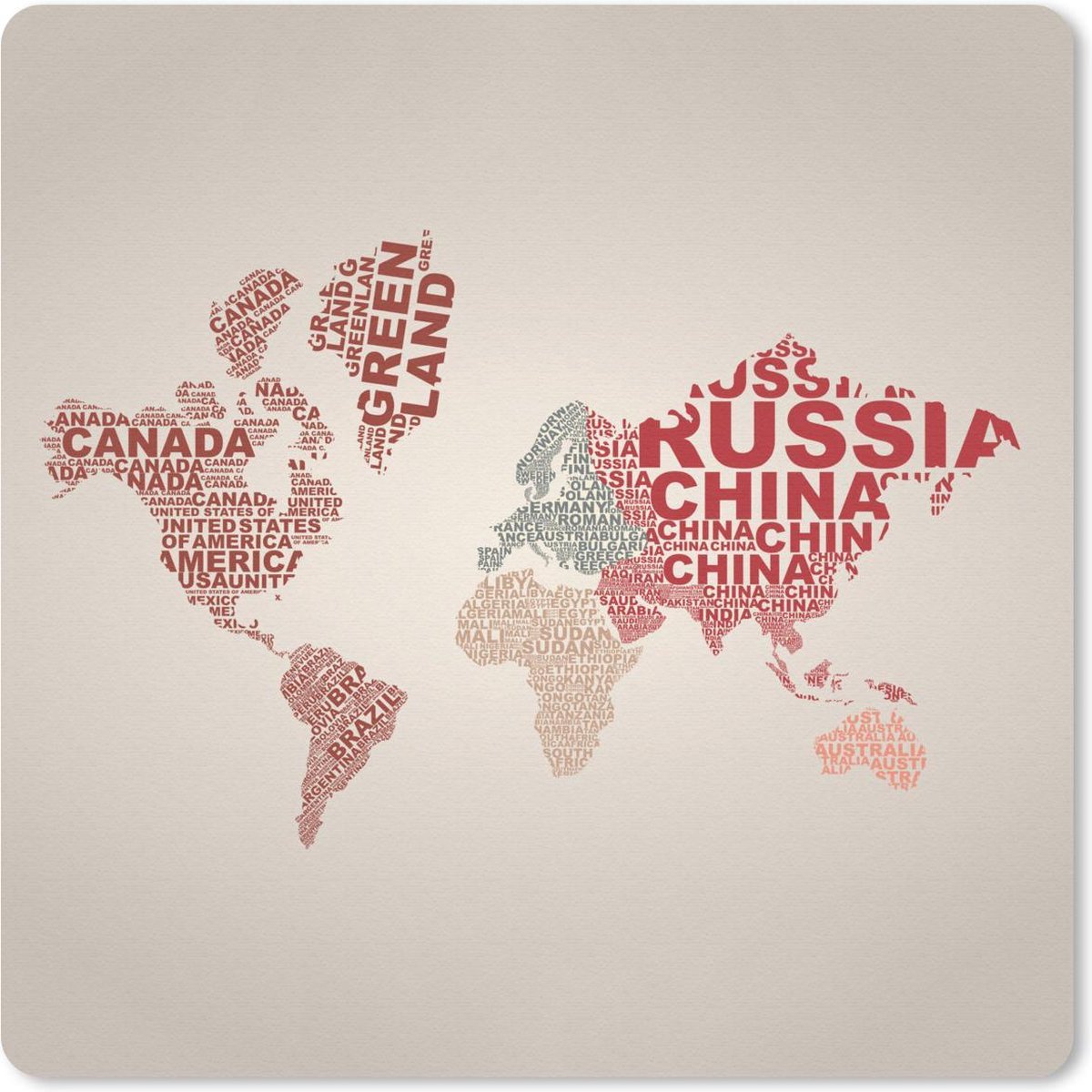 Muismat 20x20 cm - Mousepad Wereldkaart - Kleuren - Letters - Muismatten