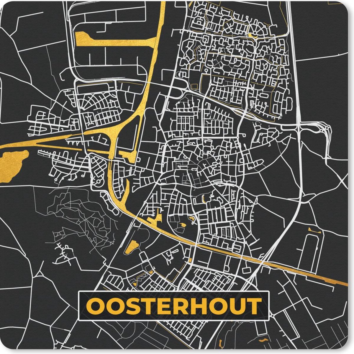 Muismat 20x20 cm - Mousepad Plattegrond - Oosterhout - Goud - Zwart - Muismatten - Stadskaart