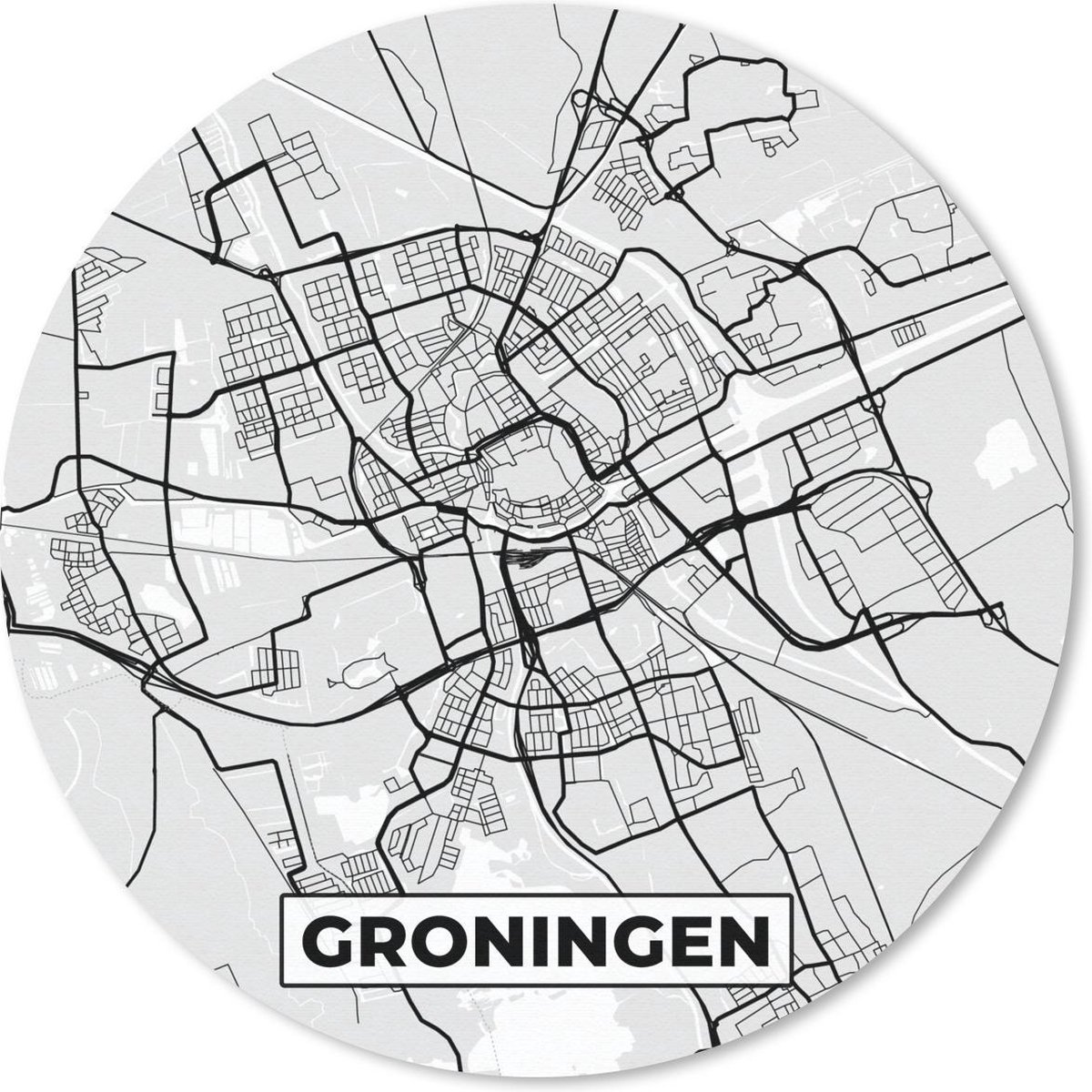 Muismat rond 30x30 cm - Mousepad Stadskaart - Groningen - Grijs - Wit - Ronde muismatten