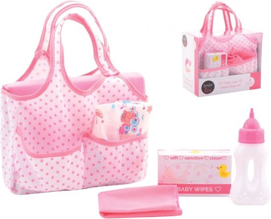 Roze poppenluiertas met stippen, luiers, flesje en doekjes, met een kleine afbeelding van de verpakking.