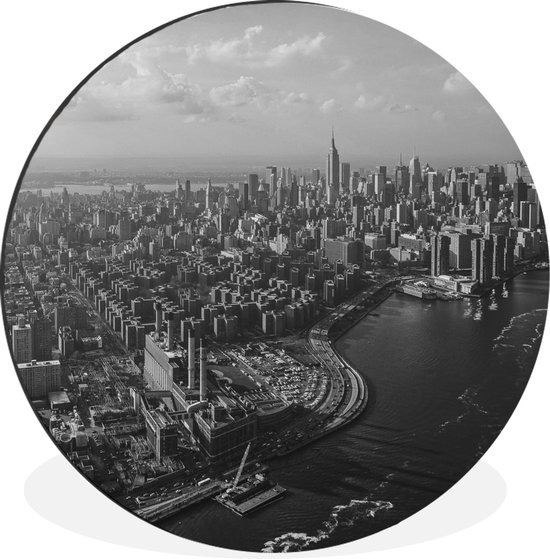 WallCircle - Wandcirkel - Muurcirkel - Luchtfoto van Manhattan, New York -zwart-wit - Aluminium - Dibond - ⌀ 60 cm - Binnen en Buiten