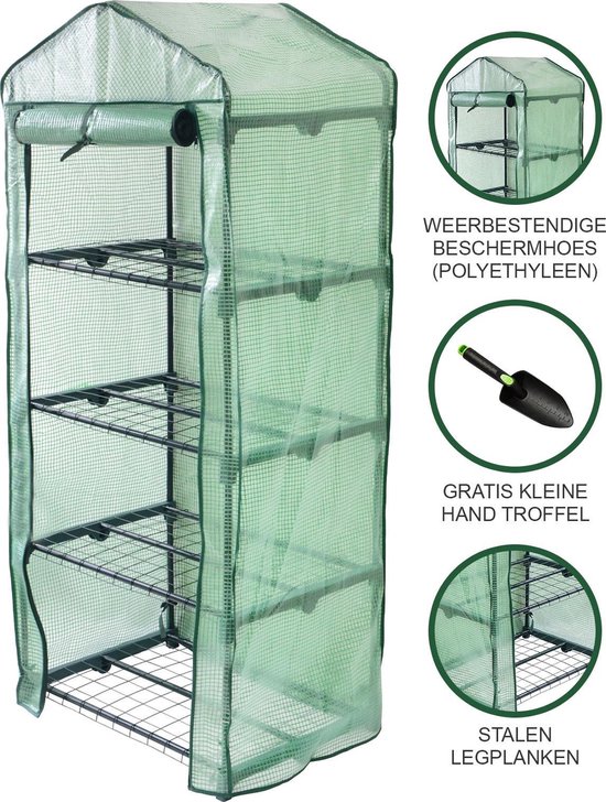 Groene mini-kas met 4 etages, met informatie-inzetstukken en een troffel.