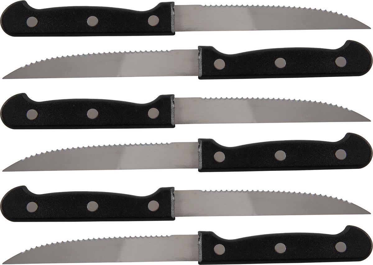 Bol.com Excellent Houseware scherpe Steakmessen - 6x stuks - RVS - 21,5 cm - bestek - zwart/zilver aanbieding