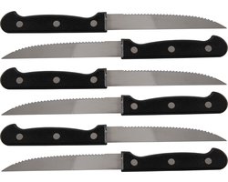 Excellent Houseware scherpe Steakmessen - 6x stuks - RVS - 21,5 cm - bestek - zwart/zilver