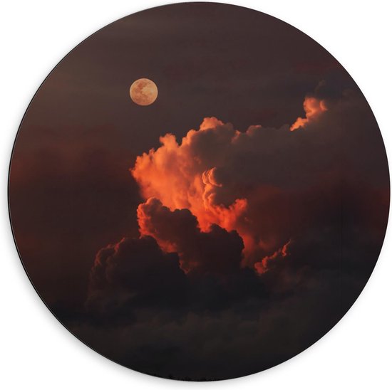 Dibond Wandcirkel - Maan tussen Wolken - 60x60cm Foto op Aluminium Wandcirkel (met ophangsysteem)