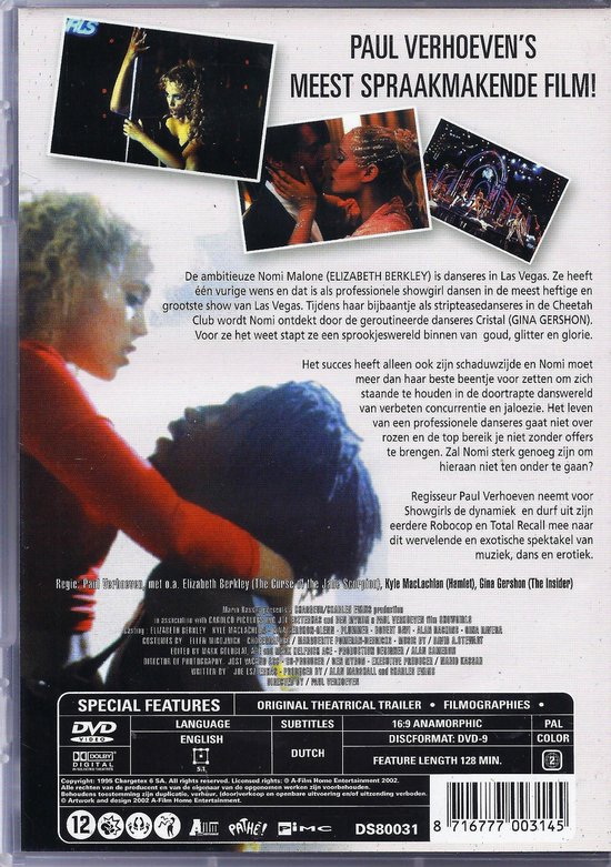 DVD-hoes van 'Showgirls' met Nomi Malone en Elizabeth Berkley. Rood en glinsterend.