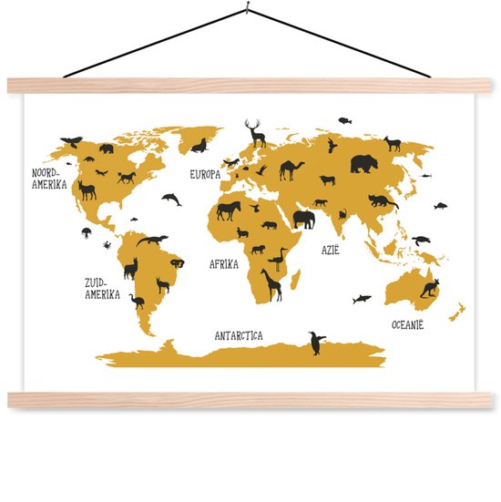 Carte du monde Chambre d'enfant Affiche scolaire Peinture Animaux 60x40 cm lattes plates - Affiche textile