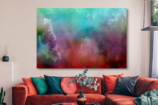Canvas schilderij 150x100 cm - Wanddecoratie Waterverf - Groen - Rood - Muurdecoratie woonkamer - Slaapkamer decoratie - Kamer accessoires - Schilderijen