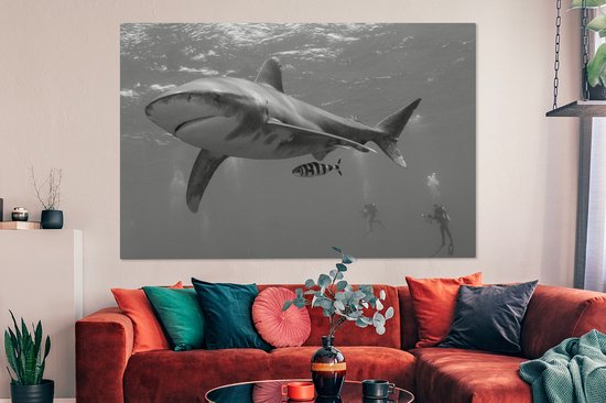 Tableau sur toile Deux plongeurs avec un requin - 150x100 cm - Décoration murale