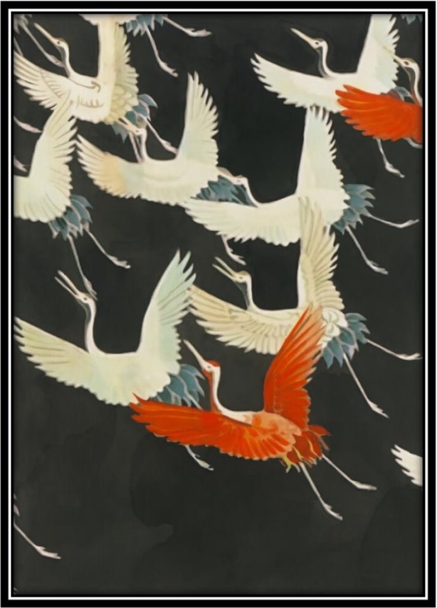 Fine Asianliving Aquarelle Schilderij Japanse Kraanvogels in Lijst Massief Hout 75x55cm Zwart Rood, Zwart, Wit
