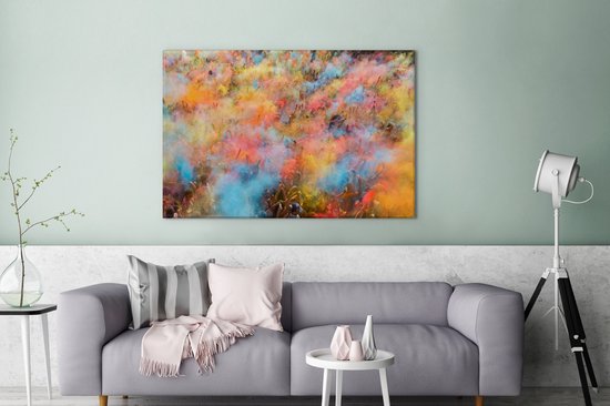 Les nuages de poudre colorés pendant la toile du festival Holi 120x80 cm - Tirage photo sur toile (Décoration murale salon / chambre)