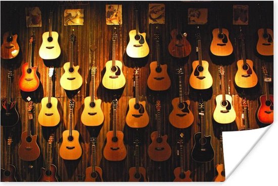 Poster Veel akoestische gitaren hangen aan een muur - 30x20 cm