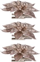 3x stuks decoratie bloemen kerststerren roze glitter op clip 9 cm - Decoratiebloemen/kerstboomversiering