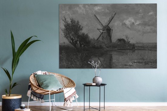 Canvas schilderij 180x120 cm - Wanddecoratie Molen bij een plas in zwart wit - Schilderij van Paul Joseph Constantin - Muurdecoratie woonkamer - Slaapkamer decoratie - Kamer accessoires - Schilderijen op canvas