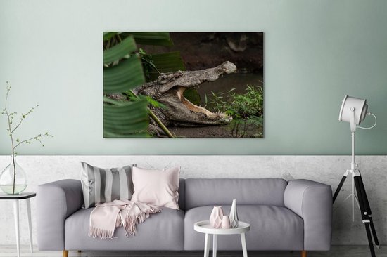 Canvas schilderij 180x120 cm - Wanddecoratie Krokodil met geopende bek - Muurdecoratie woonkamer - Slaapkamer decoratie - Kamer accessoires - Schilderijen op canvas