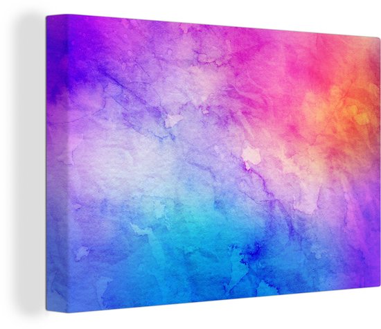 Canvas Schilderij Waterverf - Oranje - Roze - Blauw - 30x20 cm - Wanddecoratie