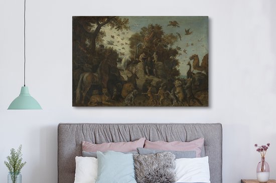 Poète à la fête des animaux couronnés par deux singes - Peinture de Roelant Savery 180x120 cm - Tirage photo sur Toile (Décoration murale salon / chambre) XXL / Groot format!