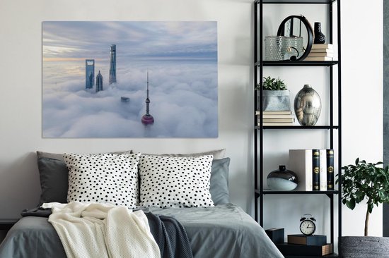 Canvas Schilderij Wolkenkrabber - Mist - Shanghai - 120x80 cm - Wanddecoratie