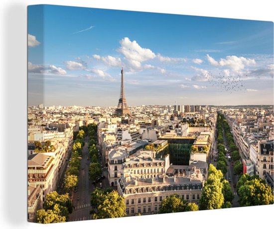 Canvas schilderij 140x90 cm - Wanddecoratie Frankrijk - Parijs - Eiffeltoren - Muurdecoratie woonkamer - Slaapkamer decoratie - Kamer accessoires - Schilderijen