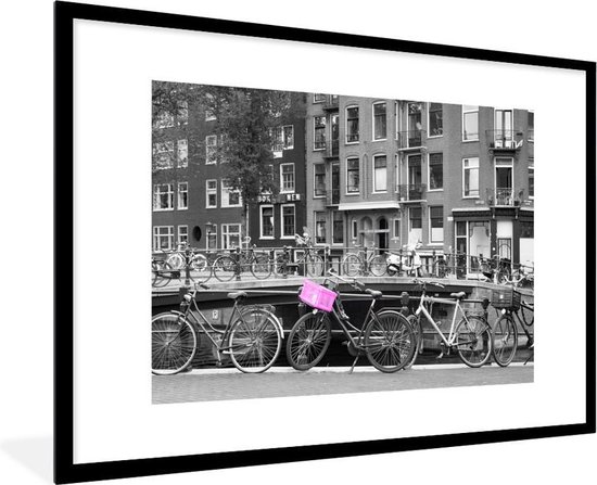 Fotolijst incl. Poster - Amsterdamse grachten met roze fietskrat - 120x80 cm - Posterlijst