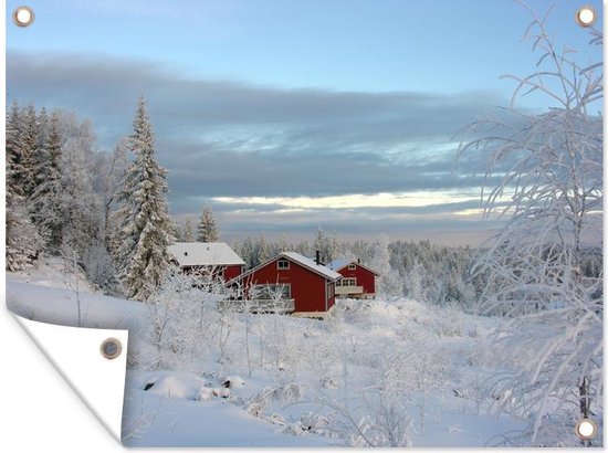 Tuinposter - Tuindoek - Tuinposters buiten - Een cottage in de sneeuw in Zweden - 120x90 cm - Tuin