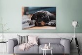 Canvas Schilderij Schattige Rottweiler pup ligt op de vloer - 180x120 cm - Wanddecoratie XXL