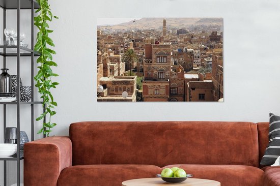 Paysage urbain du centre-ville et palmier solitaire de Sanaa au Yémen Toile 140x90 cm - Tirage photo sur toile (Décoration murale salon / chambre)