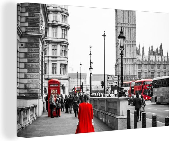 Photo Zwart et blanc d'une femme en robe rouge Toile 90x60 cm - Tirage photo sur toile (Décoration murale salon / chambre)