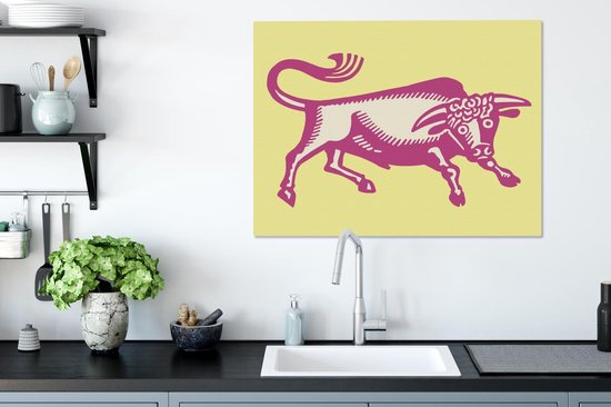 Une illustration d'une toile de taureau rose 80x60 cm - Tirage photo sur toile (Décoration murale salon / chambre) / Peintures sur toile Animaux de la ferme