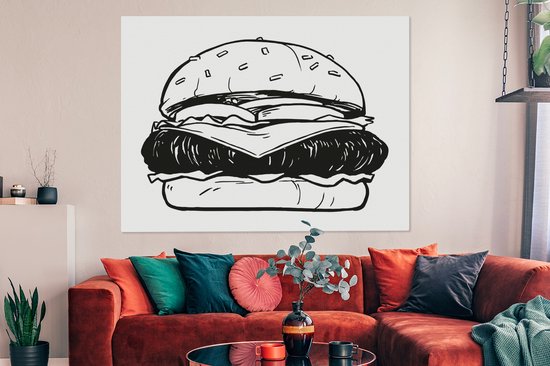Canvas schilderij 160x120 cm - Wanddecoratie Een illustratie van een cheeseburger - Muurdecoratie woonkamer - Slaapkamer decoratie - Kamer accessoires - Schilderijen