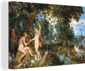 Canvas schilderij 180x120 cm - Wanddecoratie Het aardse paradijs met de zondeval van Adam en Eva - Schilderij van Peter Paul Rubens - Muurdecoratie woonkamer - Slaapkamer decoratie - Kamer accessoires - Schilderijen