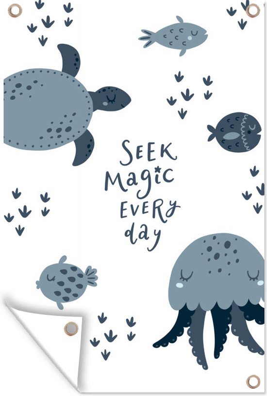 Kinderillustratie van zeedieren met de quote Seek magic every day