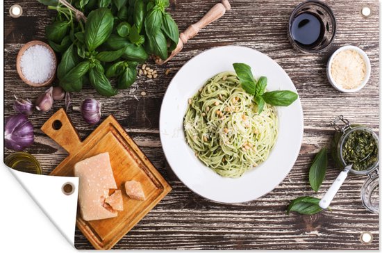 Tuinposter - Tuindoek - Tuinposters buiten - Pasta - Basilicum - Pesto - Italië - 120x80 cm - Tuin