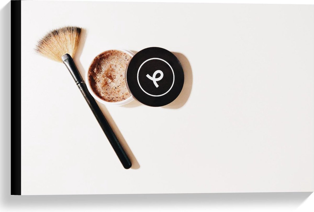 Canvas - Kwast met Make up Product - 60x40cm Foto op Canvas Schilderij (Wanddecoratie op Canvas)