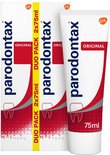 Parodontax Original duo pack, twee tandpastabuizen van 75 ml. Witte verpakking met rode golven en tand symbool.